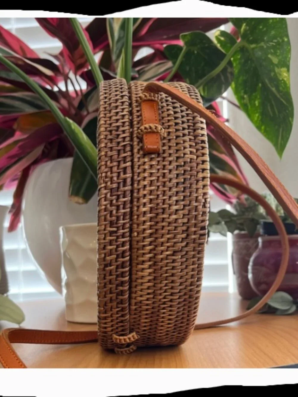 Rattan & Leather Round Crossbody Bag NWOT